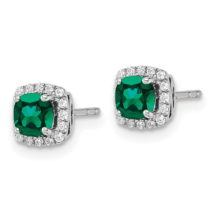 10k White Gold 1/10 Ct. Lab Grown Diamond VS/SI+ G+ and Created Emerald Square Halo Post Earrings