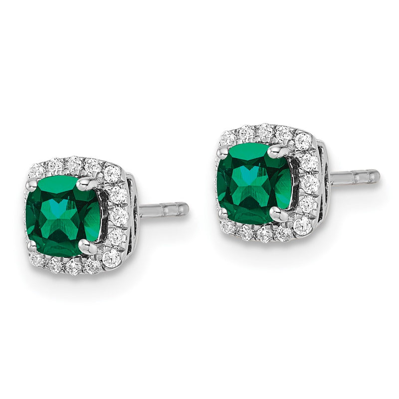 10k White Gold 1/10 Ct. Lab Grown Diamond VS/SI+ G+ and Created Emerald Square Halo Post Earrings
