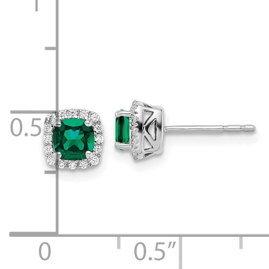 10k White Gold 1/10 Ct. Lab Grown Diamond VS/SI+ G+ and Created Emerald Square Halo Post Earrings