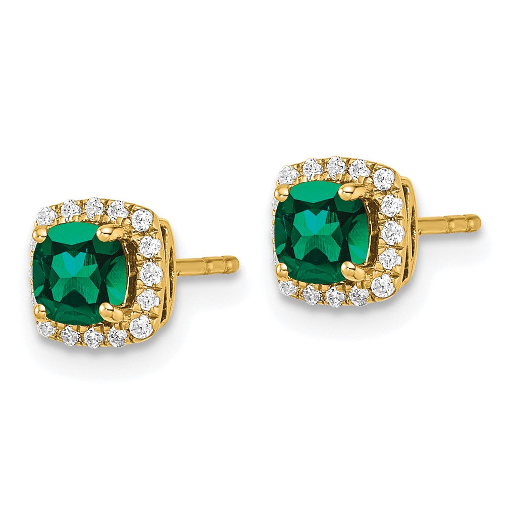 14k Yellow Gold 1/10 Ct. Lab Grown Diamond VS/SI+ G+ and Created Emerald Square Halo Post Earrings