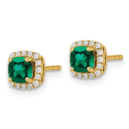 14k Yellow Gold 1/10 Ct. Lab Grown Diamond VS/SI+ G+ and Created Emerald Square Halo Post Earrings