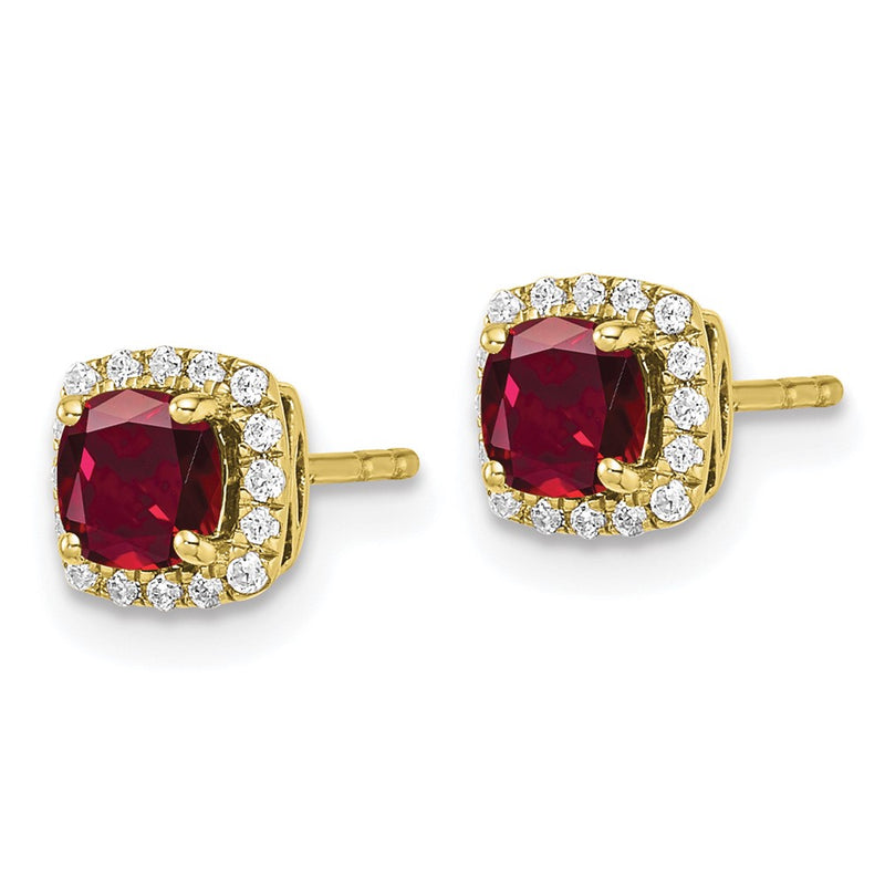 10k Yellow Gold 1/10 Ct. Lab Grown Diamond VS/SI+ G+ and Created Ruby Square Halo Post Earrings