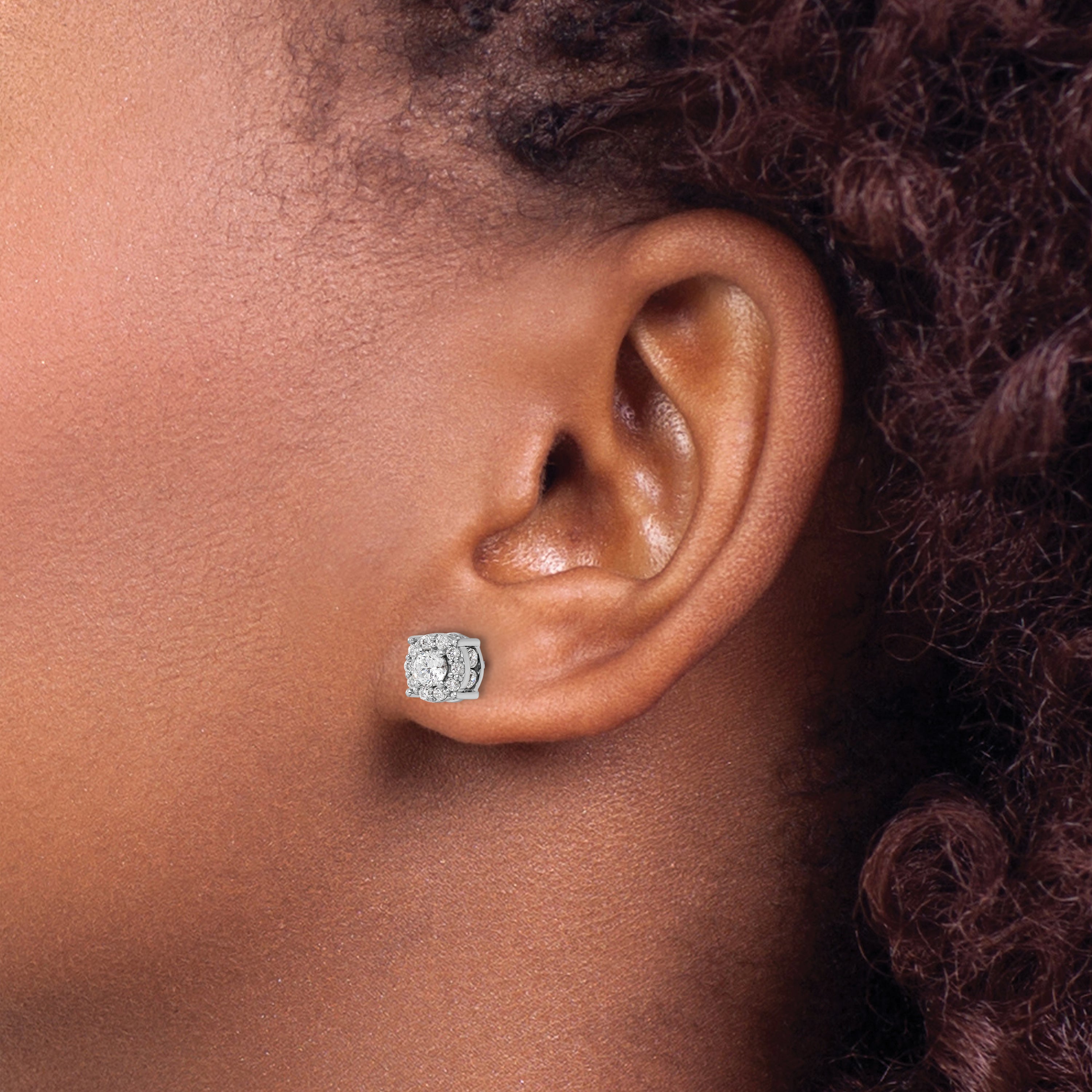 14K White Gold 1 Carat Lab Grown Diamond Vs/Si+ G+ Complete Round Fashion Halo Post Earrings