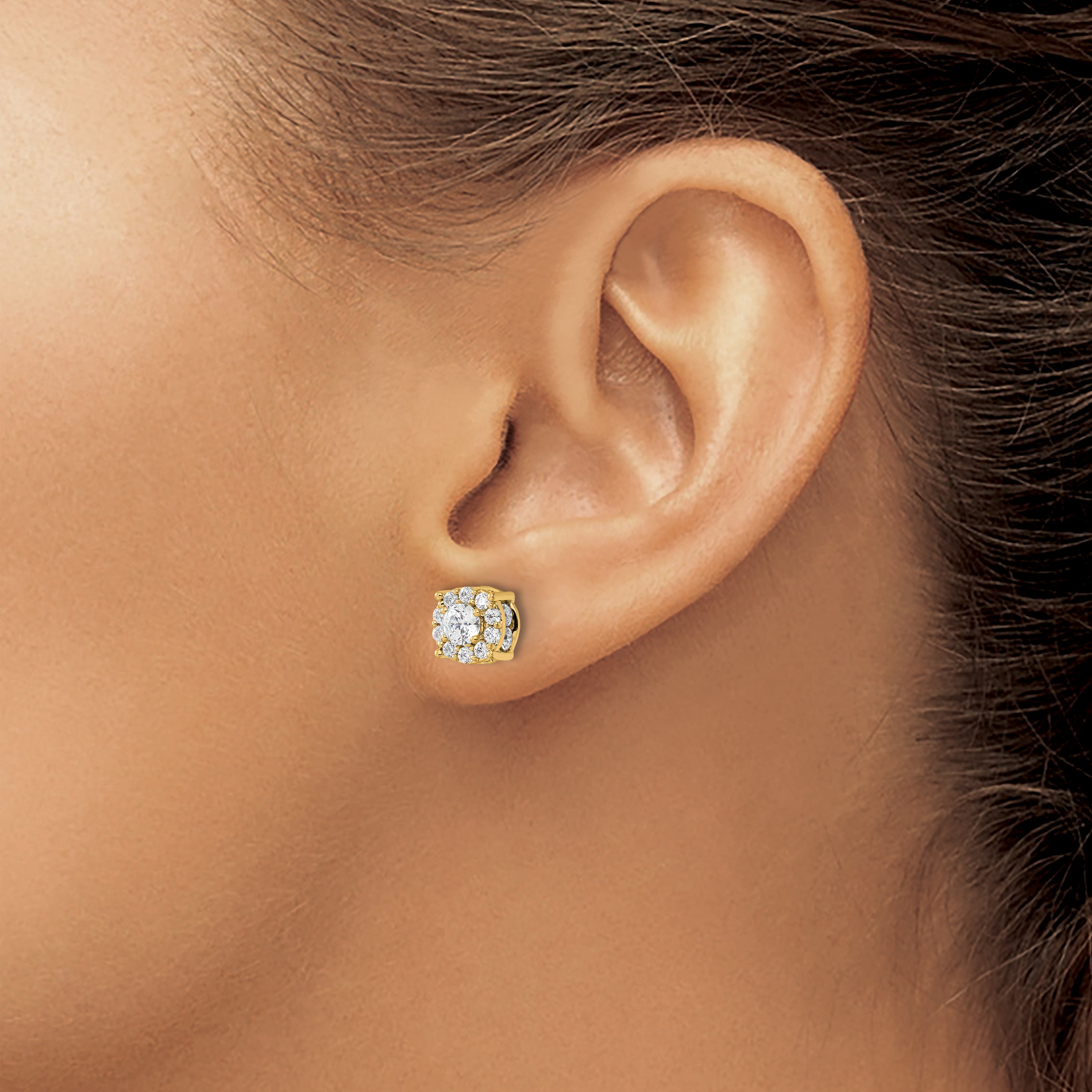 14K Yellow Gold 1 1/2 Carat Lab Grown Diamond Vs/Si+ G+ Complete Round Fashion Halo Post Earrings
