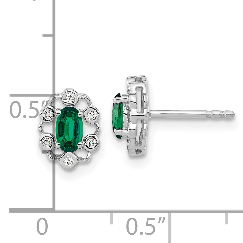 14k White Gold 1/20 Ct. Lab Grown Diamond VS/SI+ G+ and Oval Created Emerald Halo Post Earrings