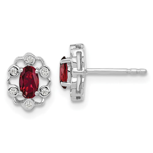 14k White Gold 1/20 Ct. Lab Grown Diamond VS/SI+ G+ and Oval Created Ruby Complete Halo Post Earrings
