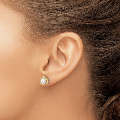 14k Yellow Gold 1/10 Ct. Lab Grown Diamond VS/SI+ G+ and 5.50 mm Round Freshwater Cultured Pearl Post Earrings