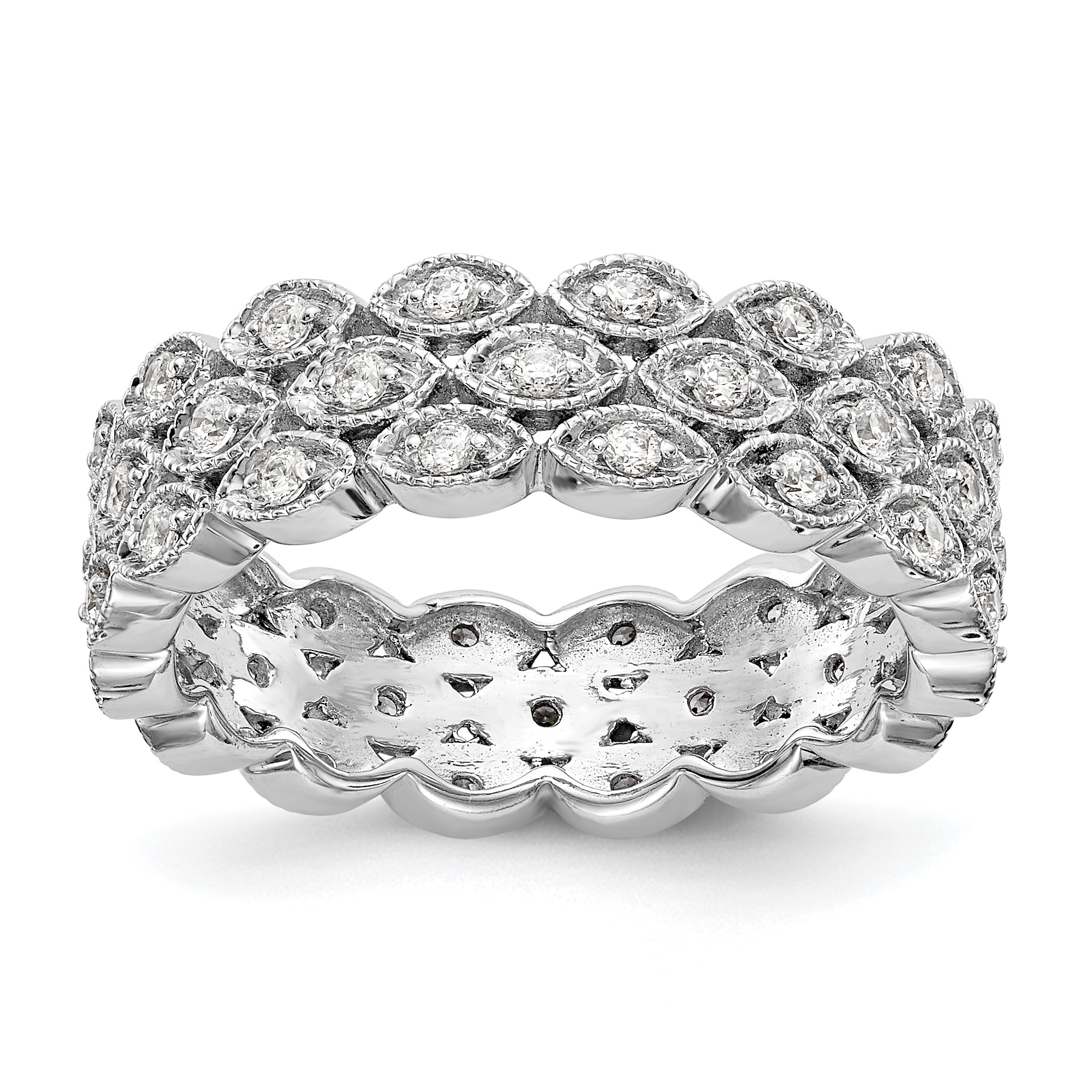 14K White Gold Polished 1/2 Ct 3 Row Vintage Pave Diamond Eternity Band