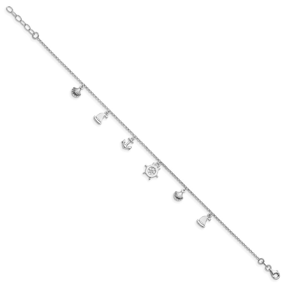 Sterling Silver Rhodium-Plated Sea Life 9in Plus 1in Ext. Anklet