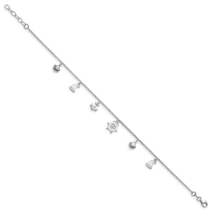 Sterling Silver Rhodium-Plated Sea Life 9in Plus 1in Ext. Anklet