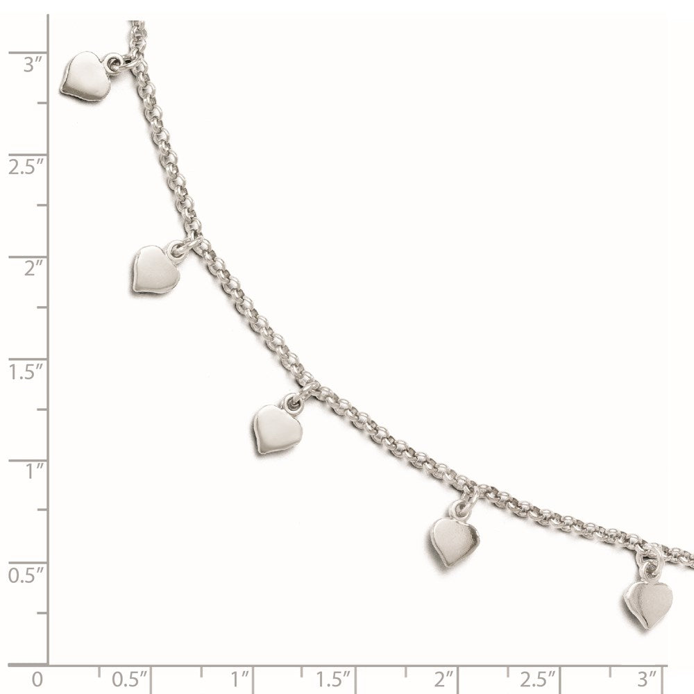 Sterling Silver Rhodium-Plated Hearts 9In Plus 1In Ext. Anklet