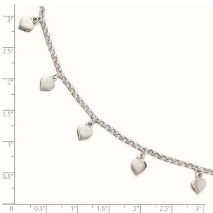Sterling Silver Rhodium-Plated Hearts 9In Plus 1In Ext. Anklet