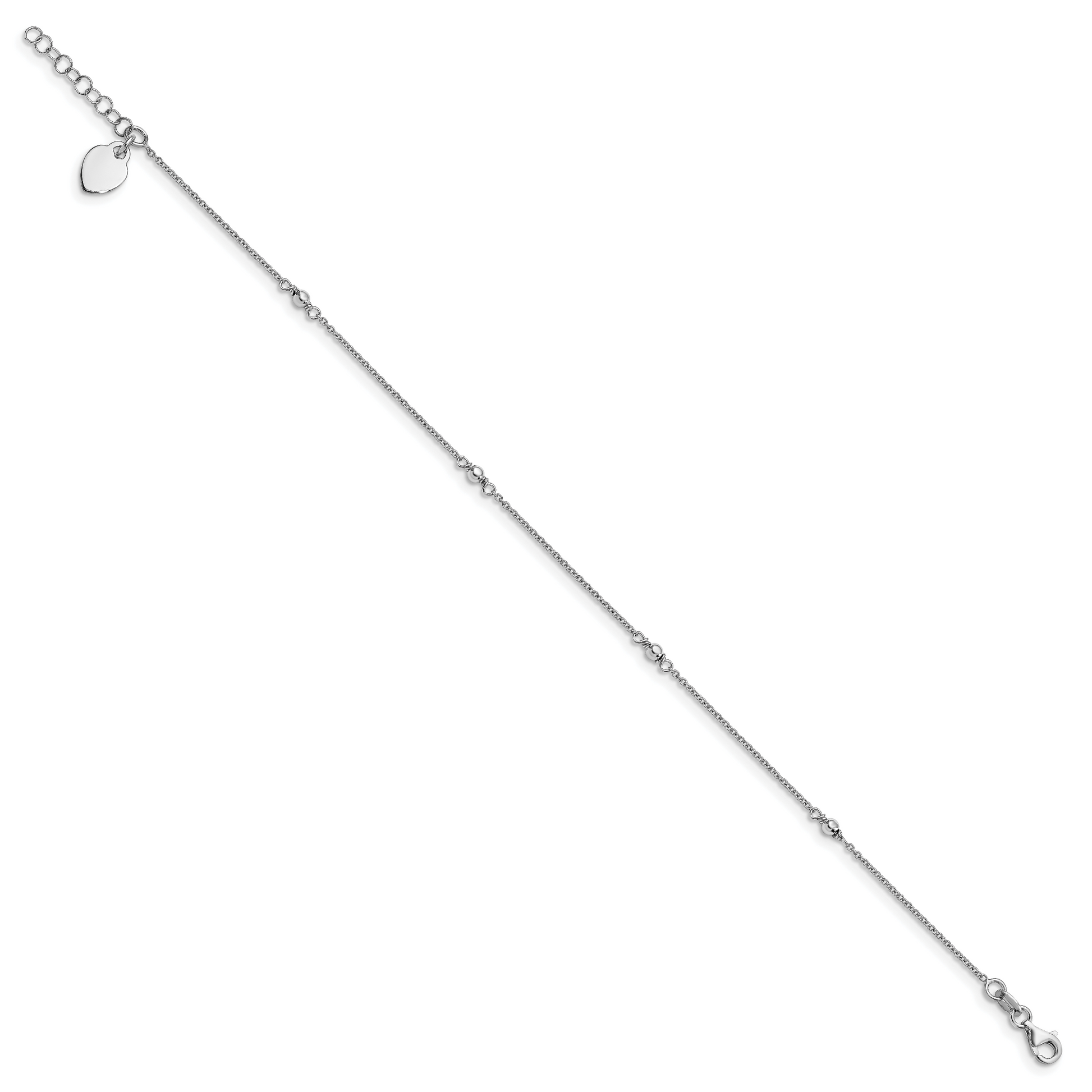 Sterling Silver Rhodium-Plated Heart Charm 9In Plus W/1In Ext. Ank