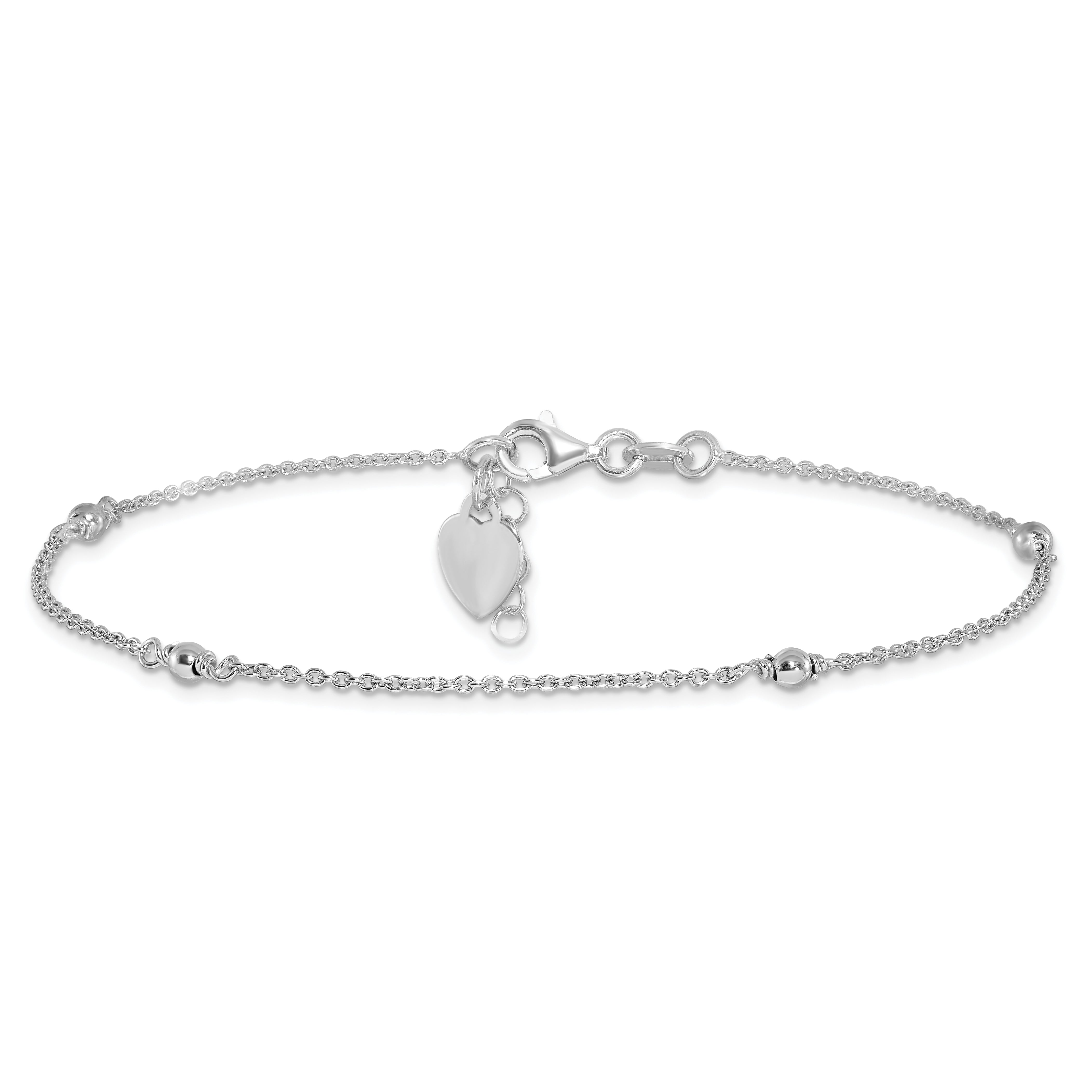 Sterling Silver Rhodium-Plated Heart Charm 9In Plus W/1In Ext. Ank