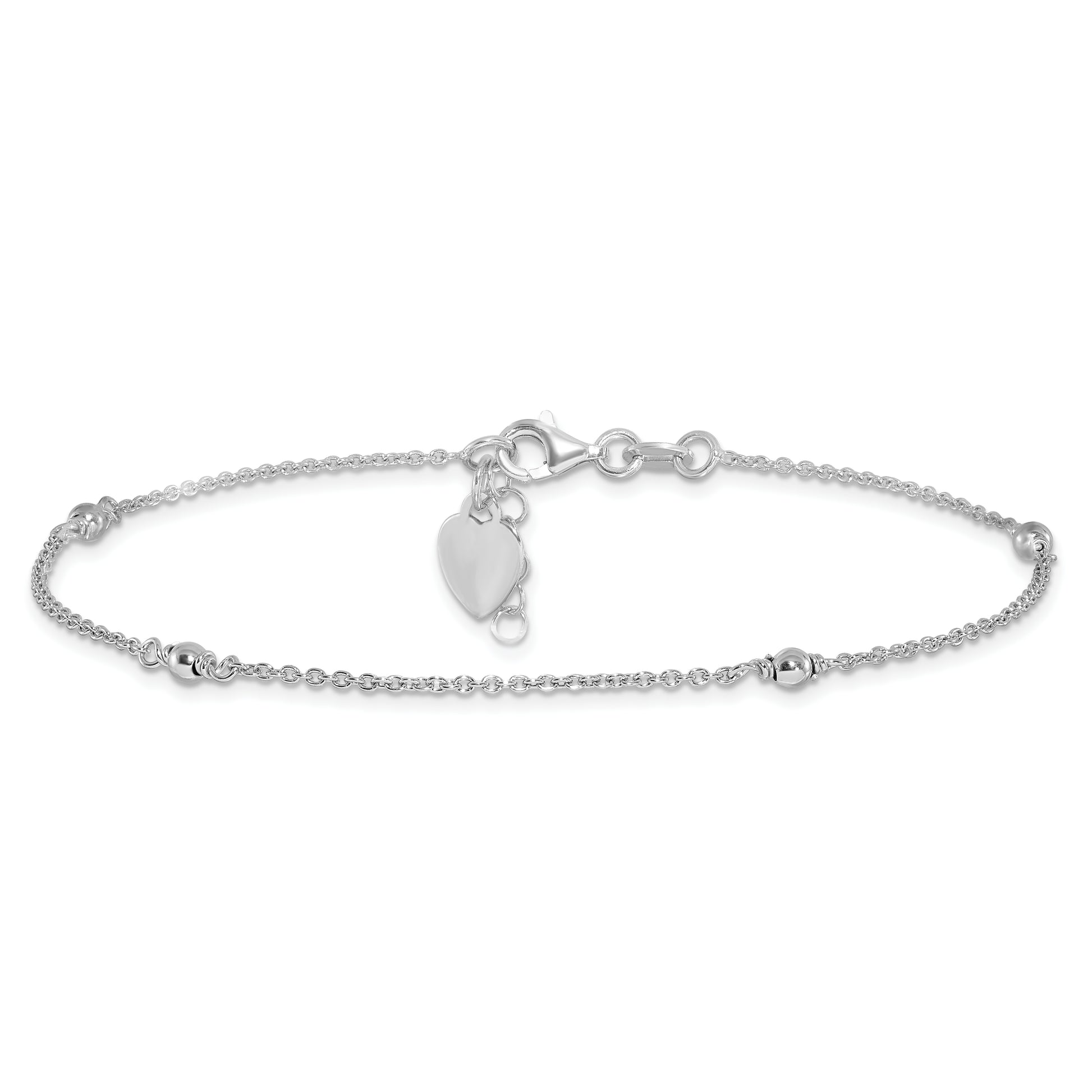 Sterling Silver Rhodium-Plated Heart Charm 9In Plus W/1In Ext. Ank