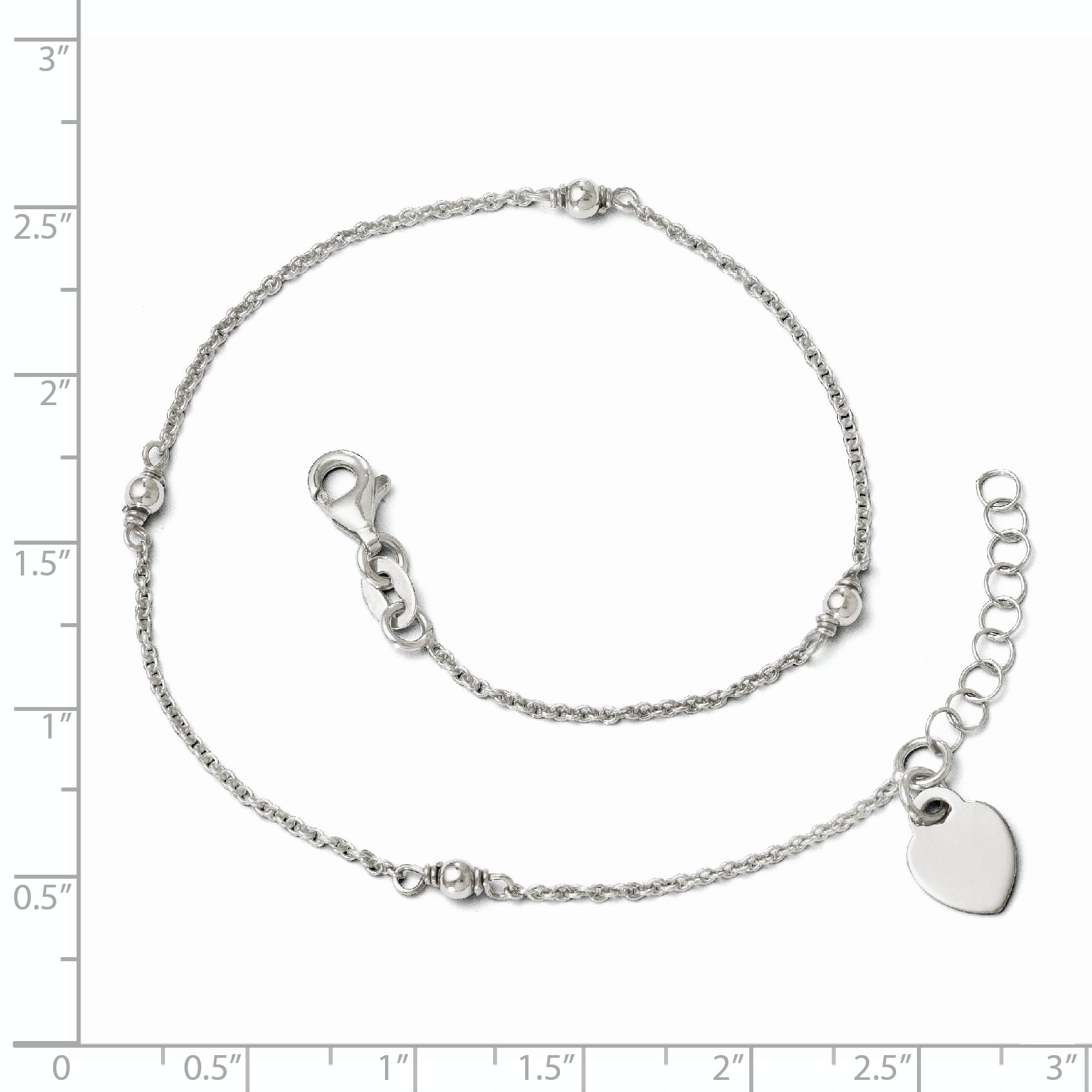 Sterling Silver Rhodium-Plated Heart Charm 9In Plus W/1In Ext. Ank