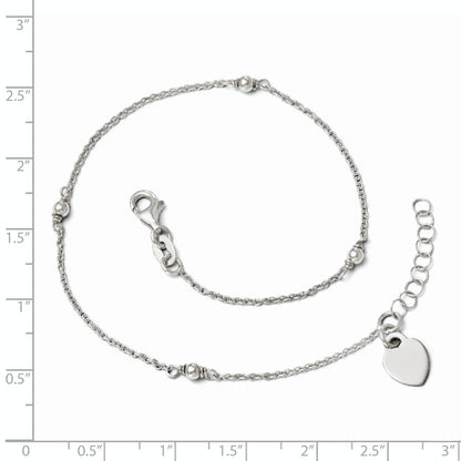 Sterling Silver Rhodium-Plated Heart Charm 9In Plus W/1In Ext. Ank