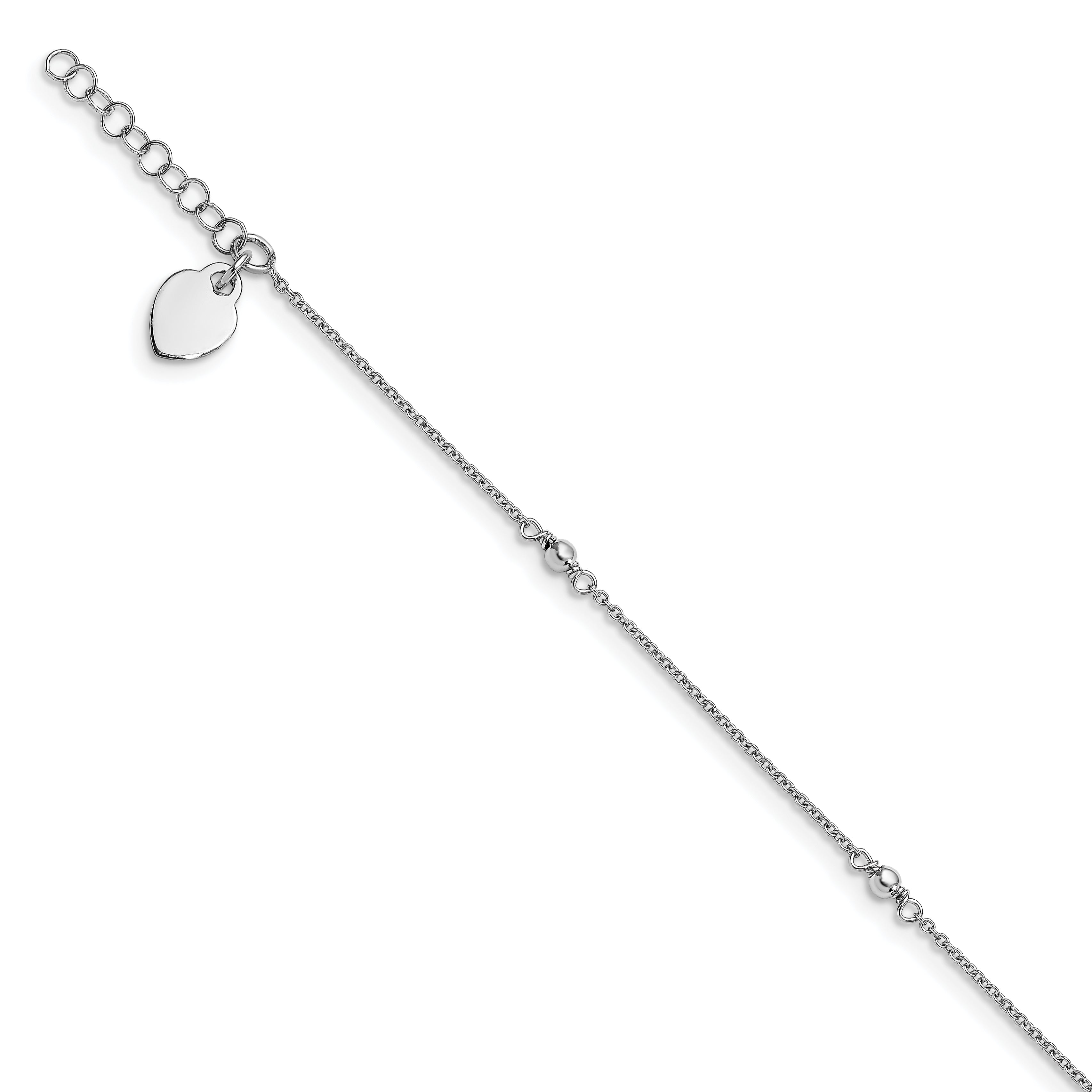 Sterling Silver Rhodium-Plated Heart Charm 9In Plus W/1In Ext. Ank