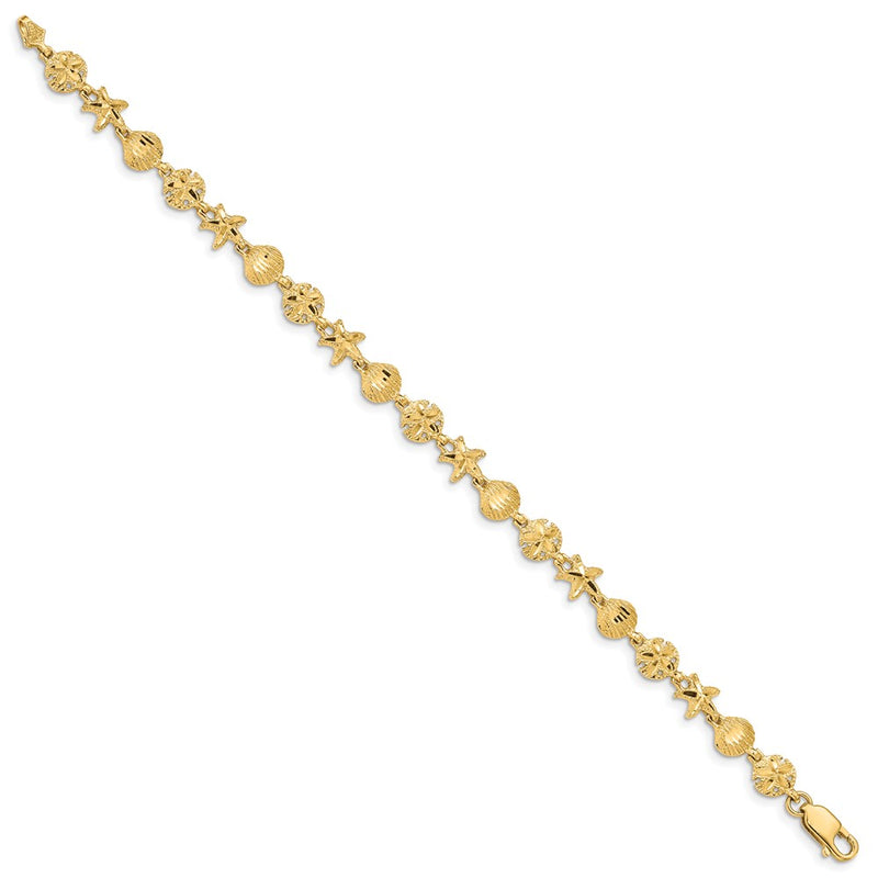 7 Inch 14K Starfish, Sand Dollar And Shell Bracelet