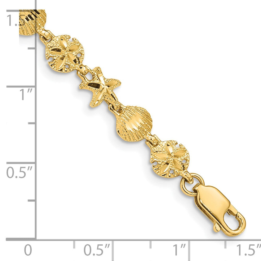 7 Inch 14K Starfish, Sand Dollar And Shell Bracelet