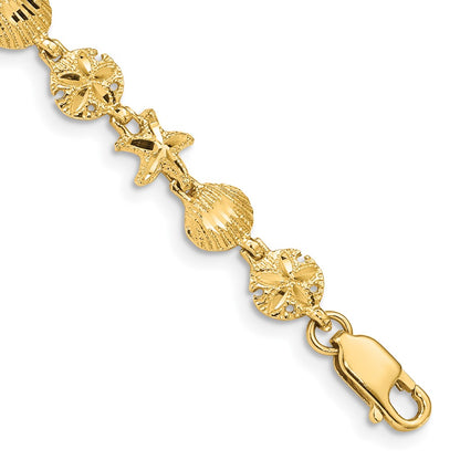 7 Inch 14K Starfish, Sand Dollar And Shell Bracelet