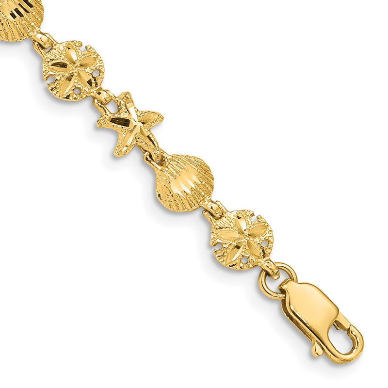 7 Inch 14K Starfish, Sand Dollar And Shell Bracelet