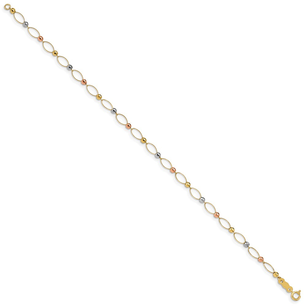 14K Tri-Color Oval Link Mirror Beads Chain Bracelet