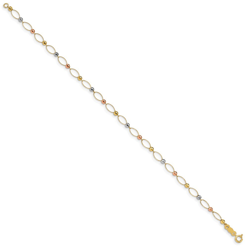 14K Tri-Color Oval Link Mirror Beads Chain Bracelet