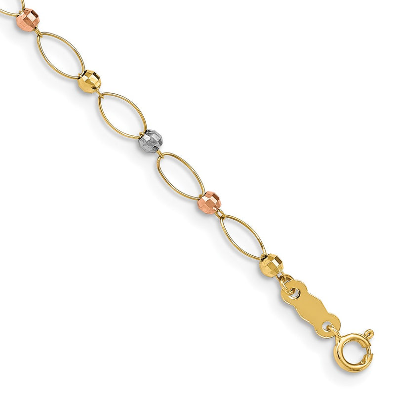14K Tri-Color Oval Link Mirror Beads Chain Bracelet