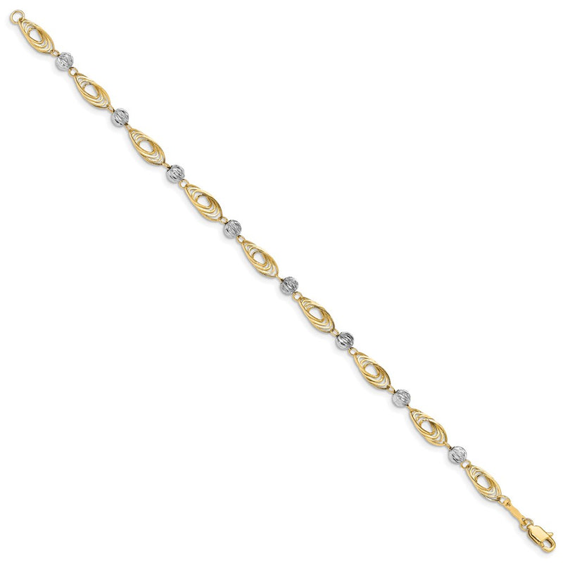 14K Gold Two-Tone Oval Links With Diamond Cut Beads Chain Bracelet