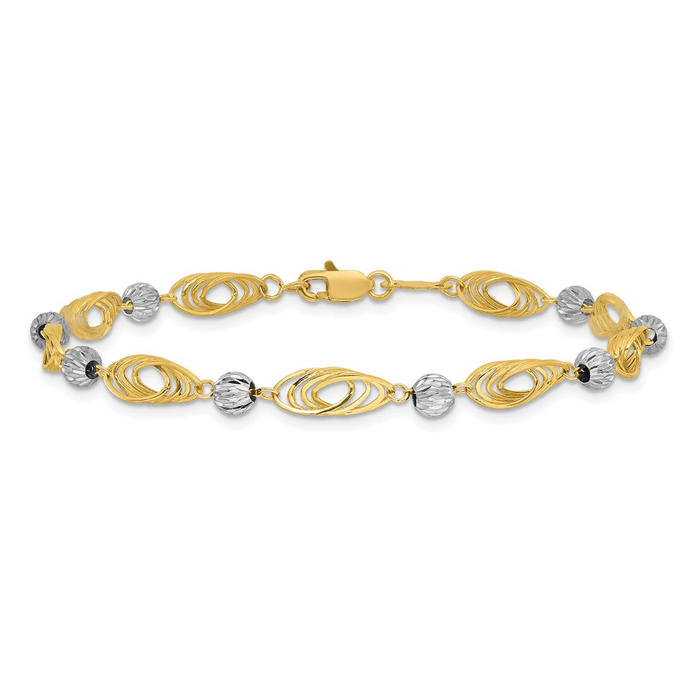 7.25 Inch 14K Gold Two-Tone Oval Links With Diamond Cut Beads Bracelet