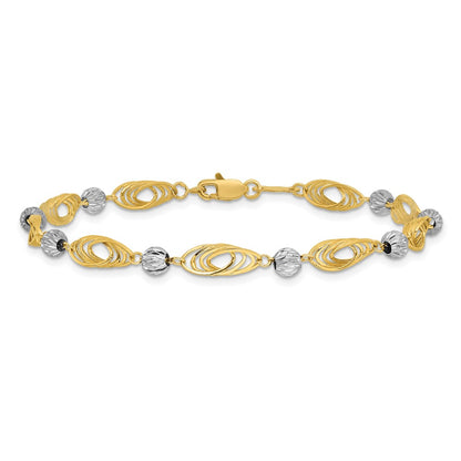 7.25 Inch 14K Gold Two-Tone Oval Links With Diamond Cut Beads Bracelet