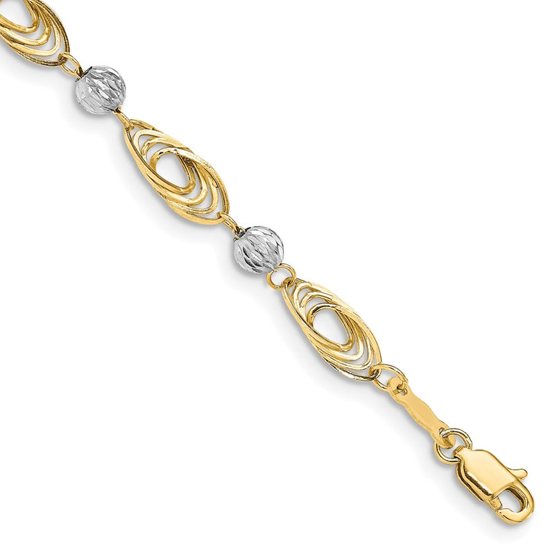 14K Gold Two-Tone Oval Links With Diamond Cut Beads Chain Bracelet