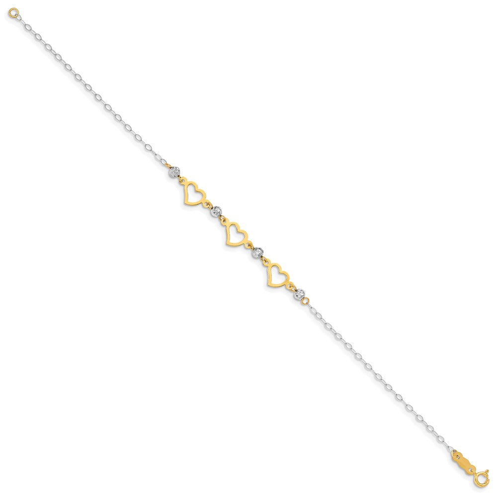 7.5 Inch 14K Two-Tone Oval Link Diamond Cut Beads And Heart Bracelet