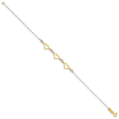 7.5 Inch 14K Two-Tone Oval Link Diamond Cut Beads And Heart Bracelet