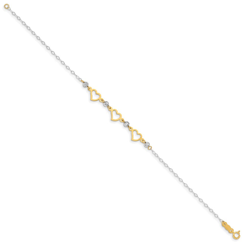 7.5 Inch 14K Two-Tone Oval Link Diamond Cut Beads And Heart Bracelet