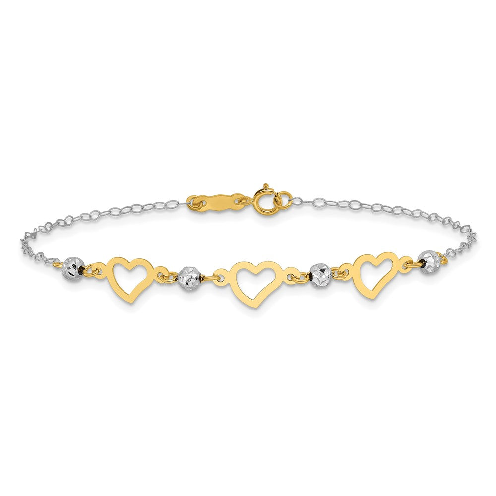 7.5 Inch 14K Two-Tone Oval Link Diamond Cut Beads And Heart Bracelet