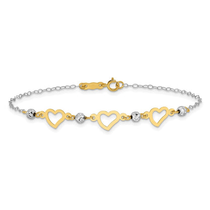 7.5 Inch 14K Two-Tone Oval Link Diamond Cut Beads And Heart Bracelet
