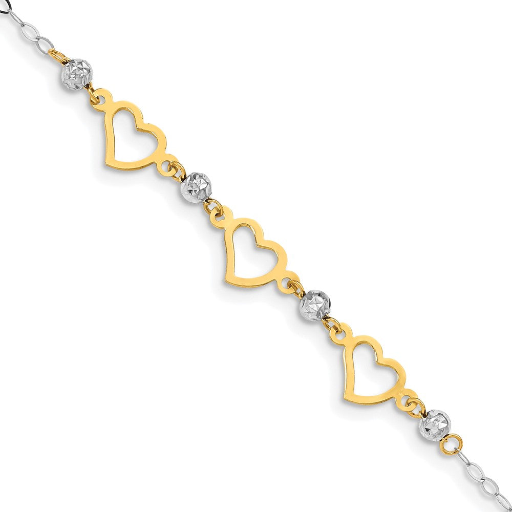 7.5 Inch 14K Two-Tone Oval Link Diamond Cut Beads And Heart Bracelet