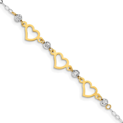 7.5 Inch 14K Two-Tone Oval Link Diamond Cut Beads And Heart Bracelet
