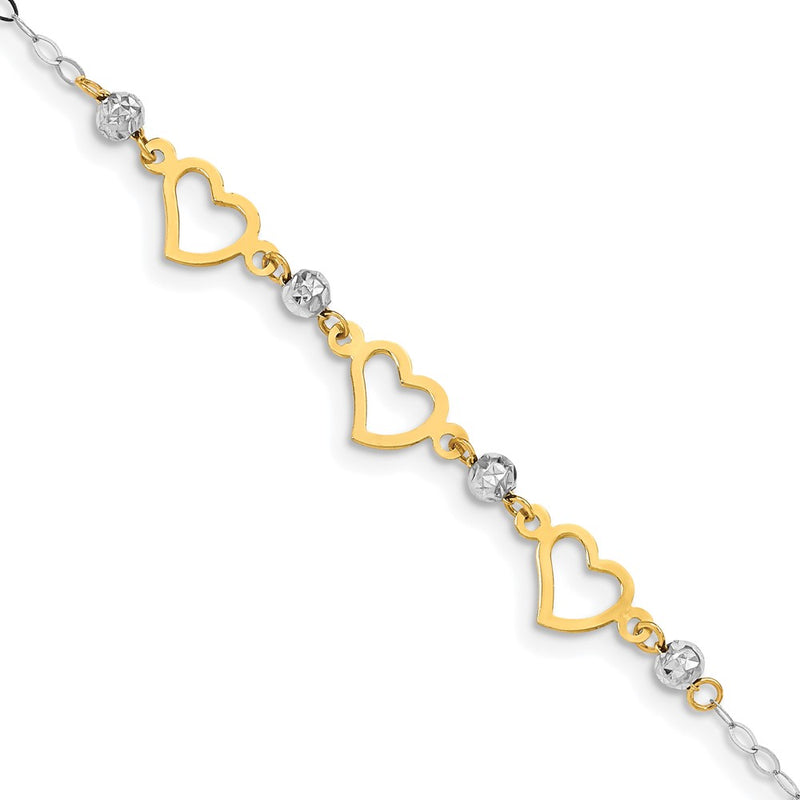 7.5 Inch 14K Two-Tone Oval Link Diamond Cut Beads And Heart Bracelet