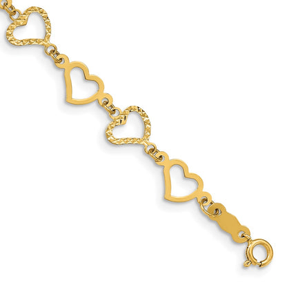 7.25 Inch 14K Flat Diamond Cut Open Hearts Bracelet