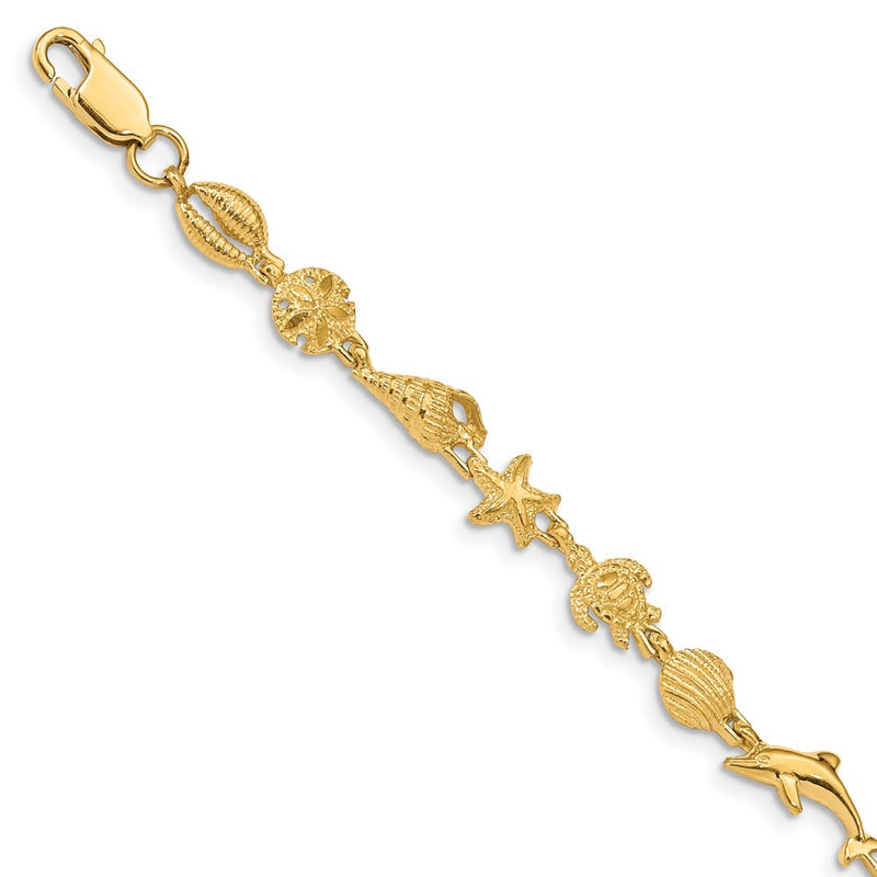 7.25 Inch 14K Gold Polished And Textured Sea Life Bracelet