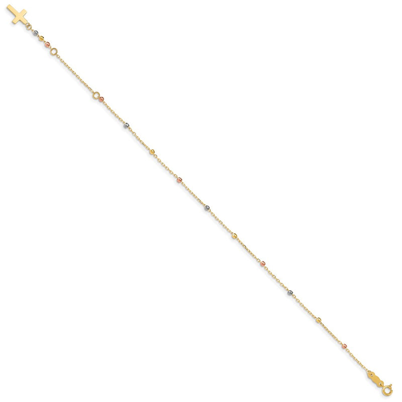 7 Inch 14K Tri Colored Gold Diamond Cut Beaded Cross W/1 In Ext Bracelet