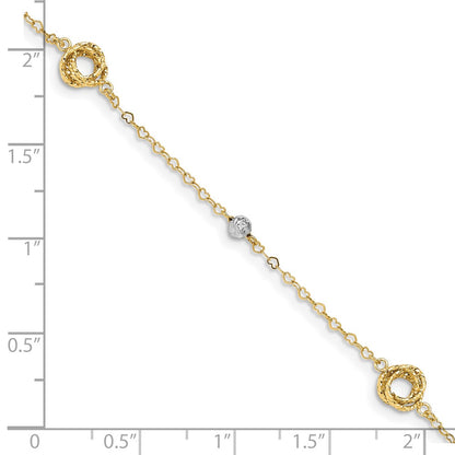7.5 Inch 14K Two-Tone Love Knots On Small Heart Link Bracelet