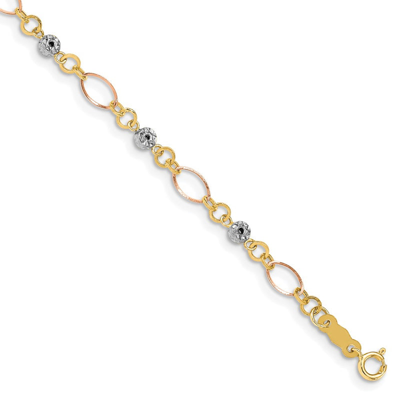 14K Tri-Color Polished Diamond-Cut Ovals & Donut Beads Bracelet