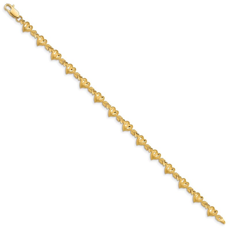 14K Yellow Gold Satin Diamond-Cut Heart With Arrow 7 Inch Bracelet