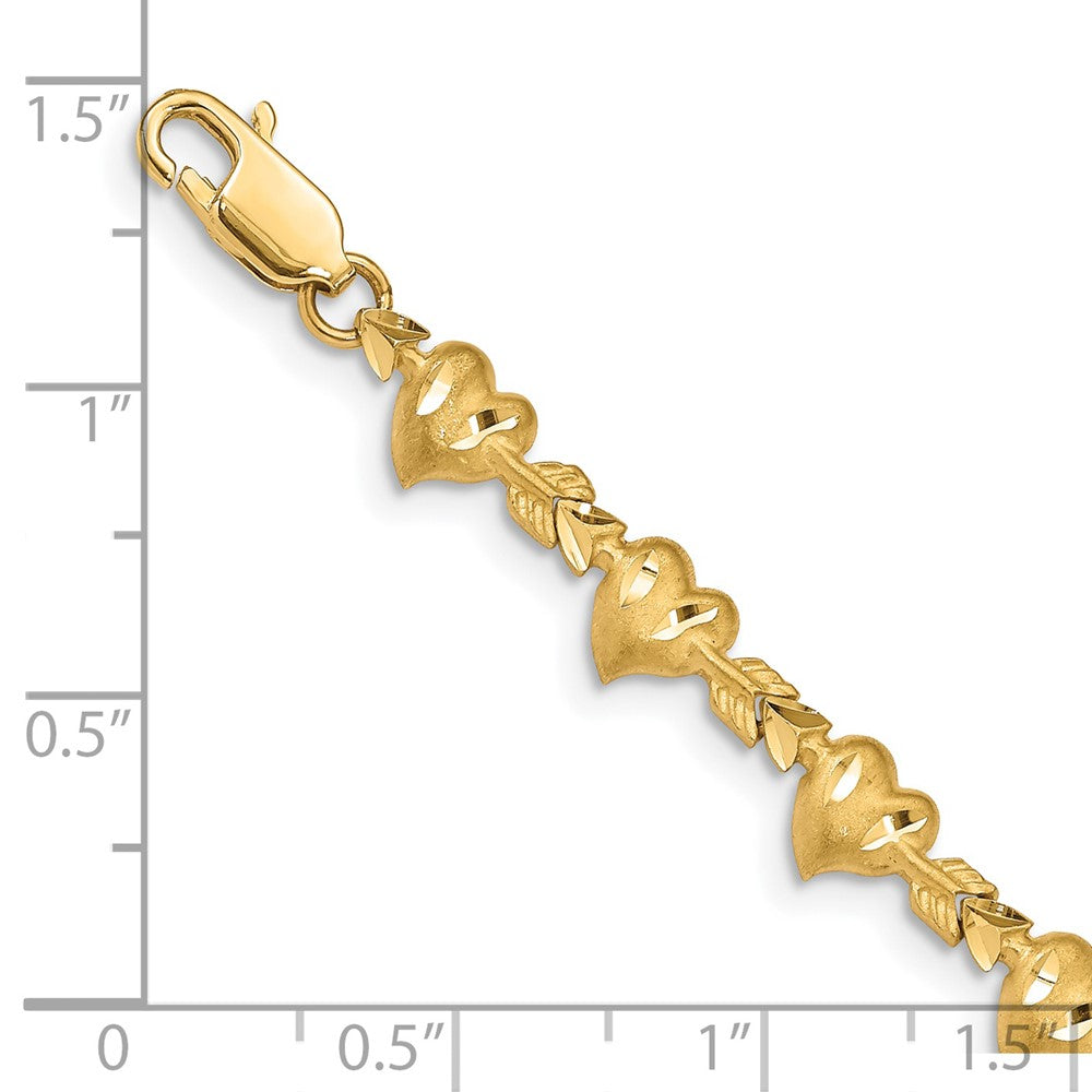 14K Yellow Gold Satin Diamond-Cut Heart With Arrow 7 Inch Bracelet
