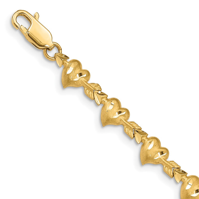 14K Yellow Gold Satin Diamond-Cut Heart With Arrow 7 Inch Bracelet