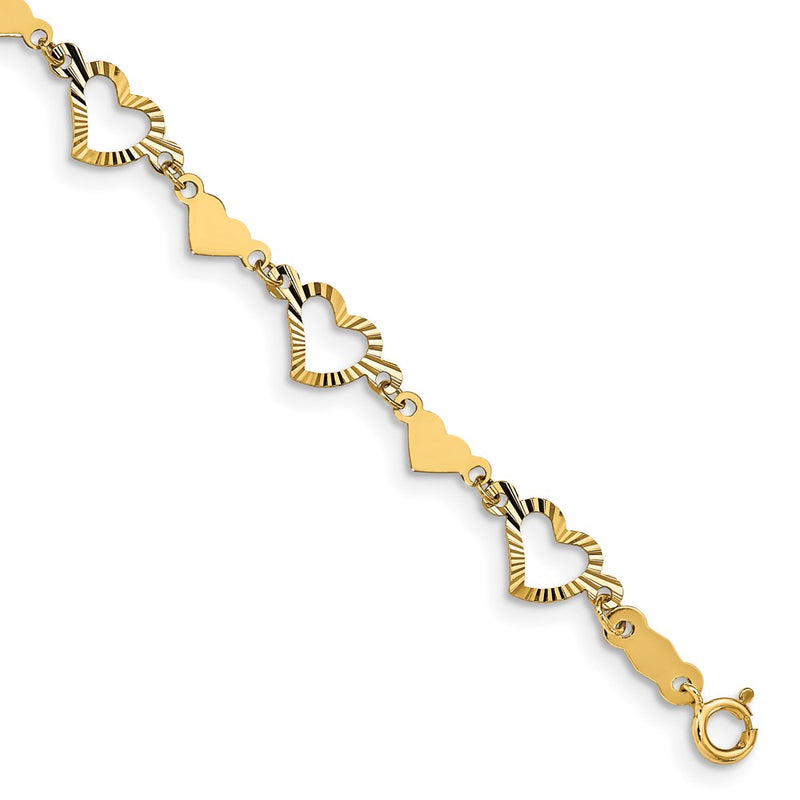 7.5 Inch 14K Polished Diamond-Cut Open & Stamp Heart Bracelet